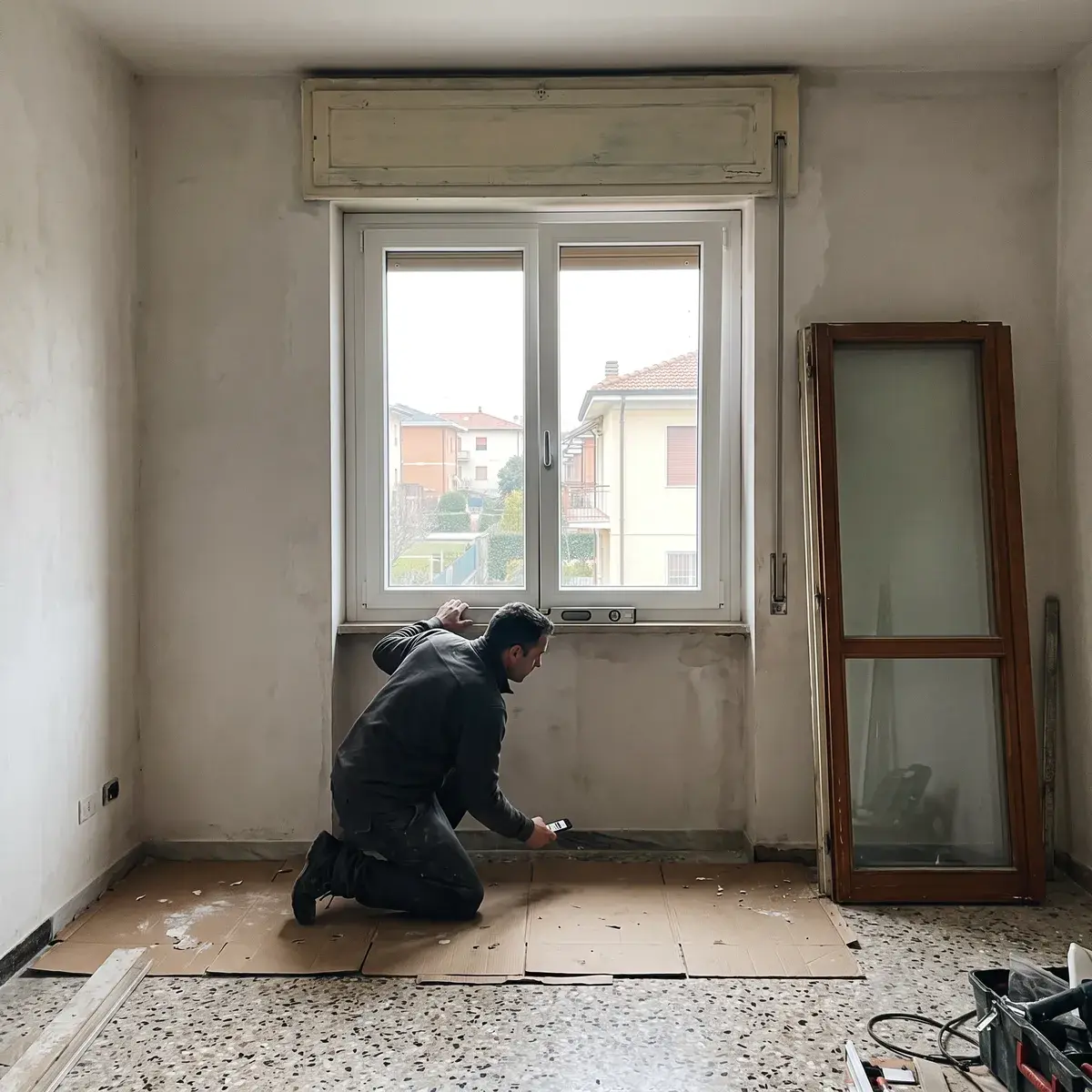 Serramentista inginocchiato sul pavimento alla veneziana protetto da cartoni accanto a una finestra nuova in PVC bianco a due ante Oknoplast Prolux Evolution, con la livella sul davanzale in marmo, il vecchio cassonetto in legno sopra il vano e il vecchio serramento appoggiato al muro.