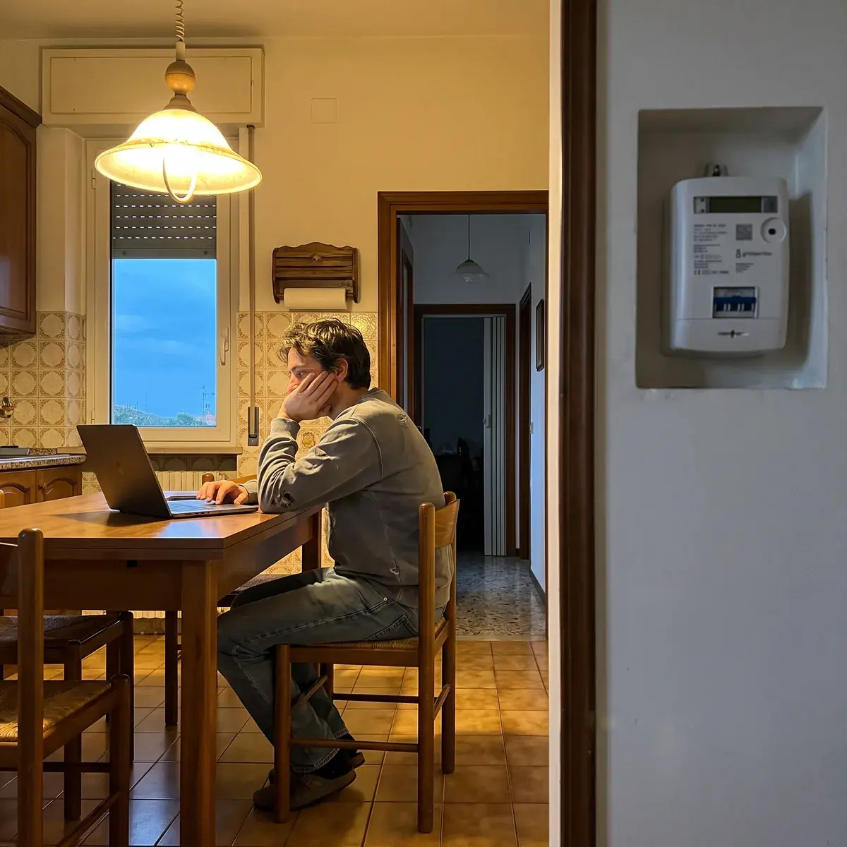 Persona al tavolo della cucina al crepuscolo con un portatile girato, mentre nell’ingresso si vede il contatore e-distribuzione Open Meter 2G nella sua nicchia.