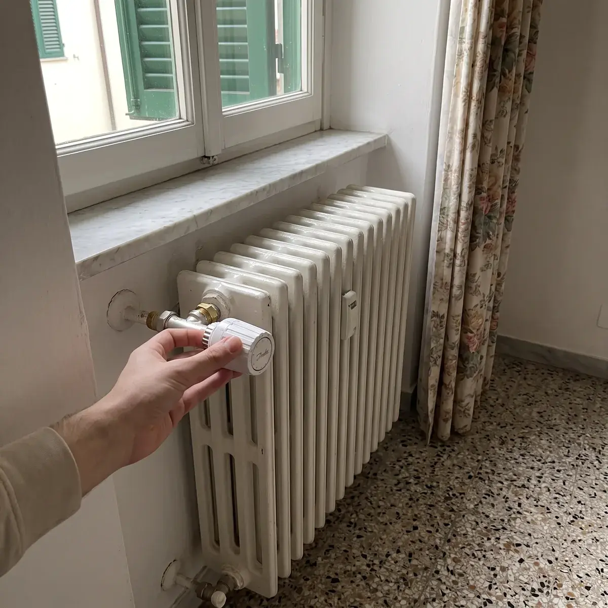 Una mano regola la testa termostatica Danfoss RA 2990 montata sulla valvola di un termosifone in ghisa bianco, sotto una finestra con davanzale in marmo e persiane verdi, su un pavimento alla veneziana.