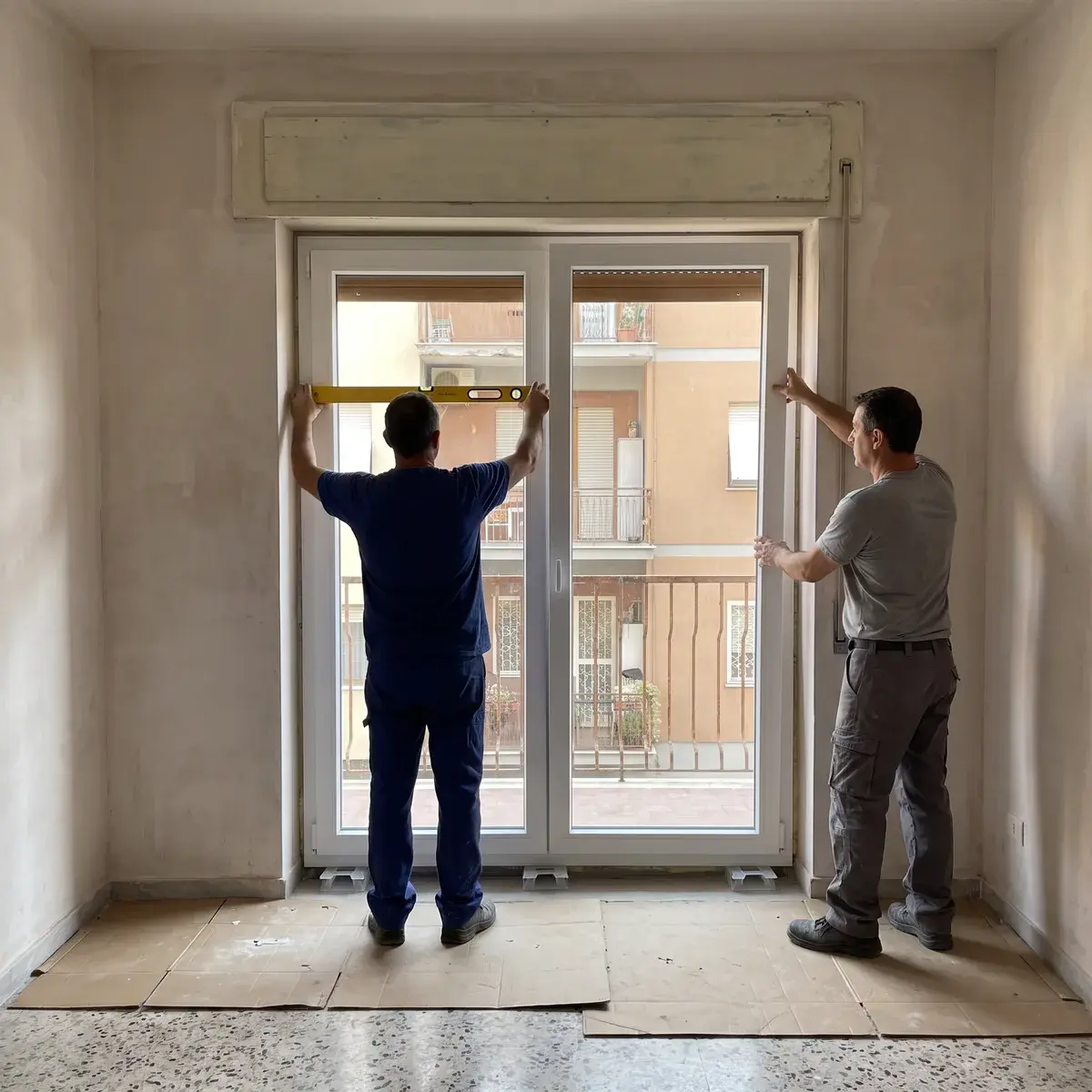 Due serramentisti mettono in bolla una portafinestra in PVC bianco a due ante, sul modello Oknoplast Prolux, in un appartamento anni Settanta in ristrutturazione.