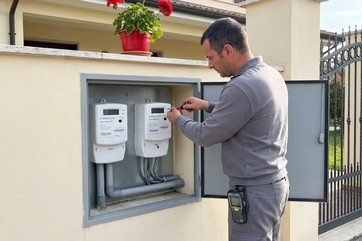 Tecnico del distributore che completa l'installazione di un contatore Open Meter 2G nel vano contatori sul muro di cinta di una villetta.