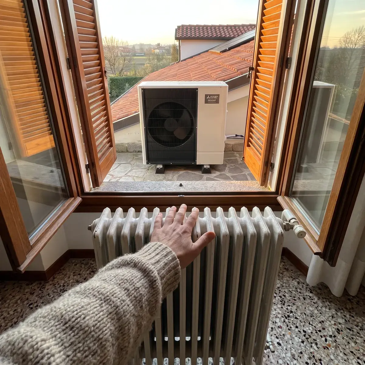 Mano su un vecchio radiatore in ghisa sotto la finestra, con l'unità esterna Mitsubishi Ecodan R290 sul terrazzo fuori.