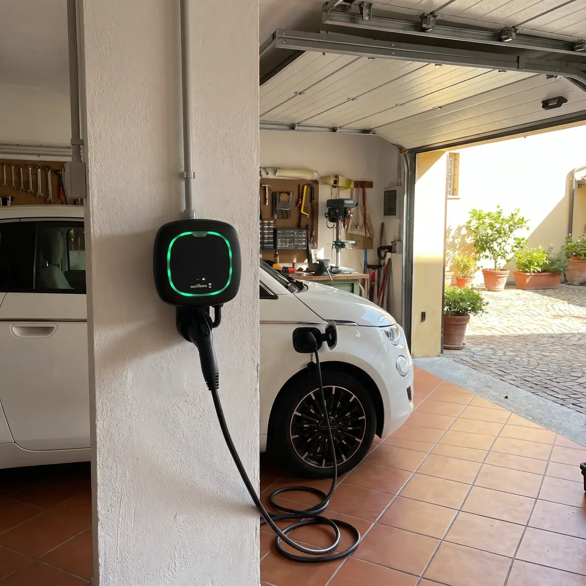 Wallbox Pulsar Max a parete in un garage con pavimento in cotto, collegata a una Fiat 500 elettrica bianca.