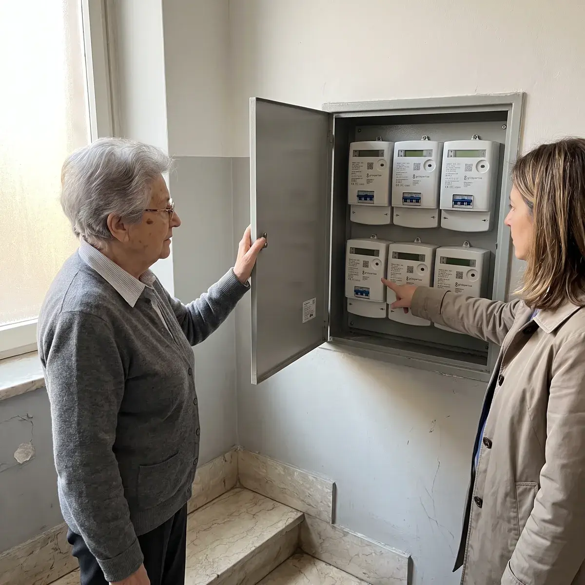 Una residente anziana e la figlia davanti all’armadio contatori aperto sul pianerottolo di un condominio, con una fila di contatori e-distribuzione Open Meter 2G.