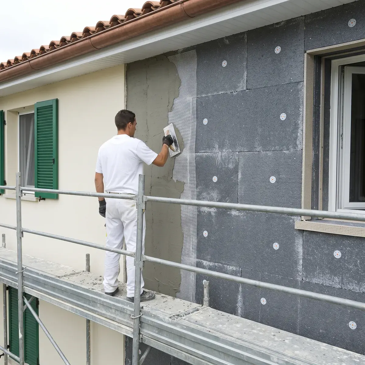 Stuccatore sul ponteggio di una villetta che annega la rete d’armatura nel rasante sopra pannelli in EPS grafitato tassellati, accanto a una campata già finita e una ancora da rasare.