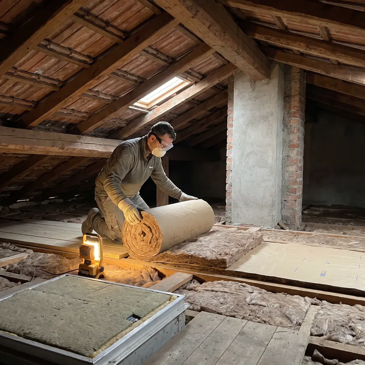 Posatore in ginocchio su una tavola che srotola un secondo strato di lana di vetro Knauf Insulation TI 212 sul solaio di un sottotetto freddo, con le falde in coppi lasciate senza isolante.