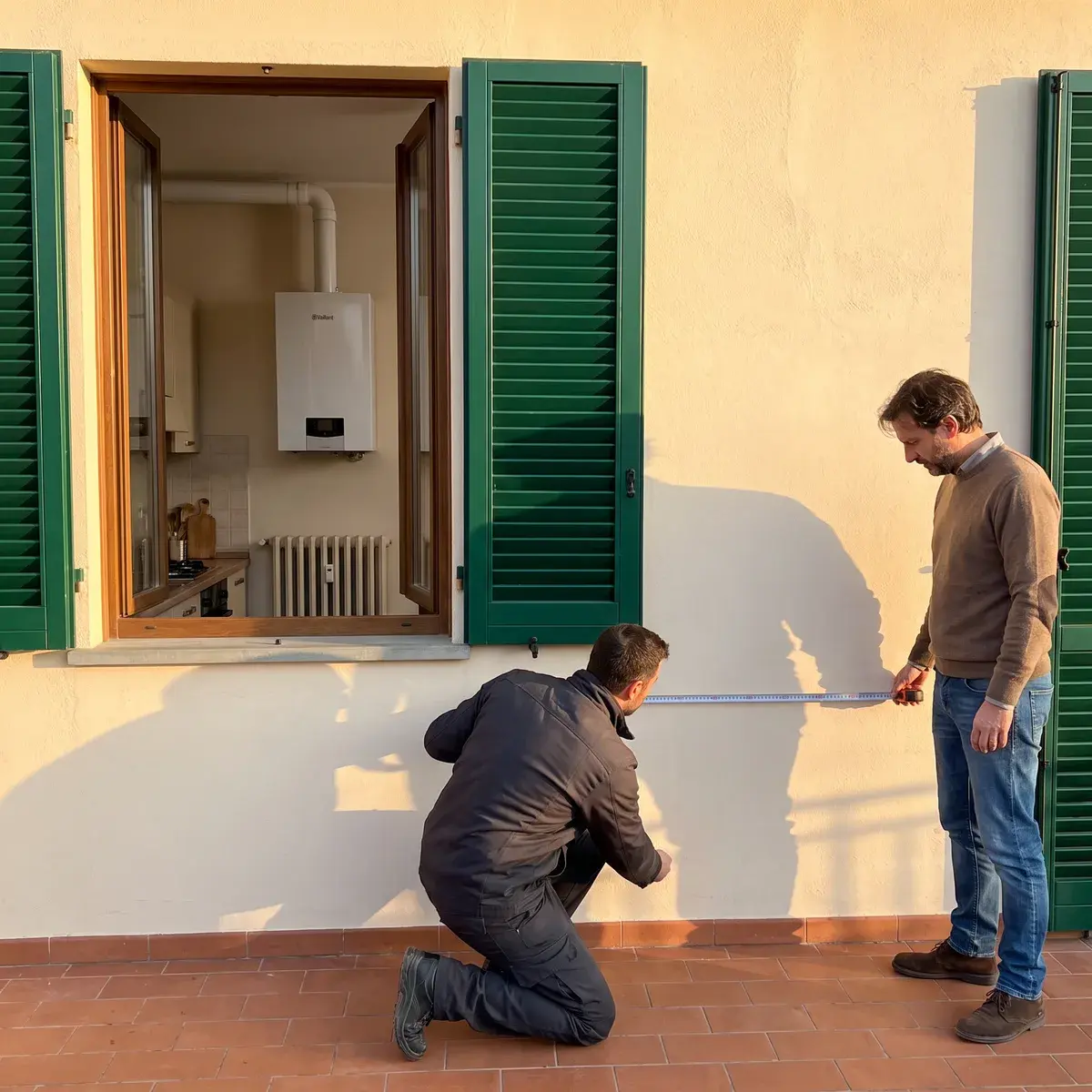 Tecnico e proprietario misurano la parete libera sul terrazzo di una villetta, mentre dalla finestra aperta si vede la caldaia murale Vaillant ecoTEC plus in cucina.