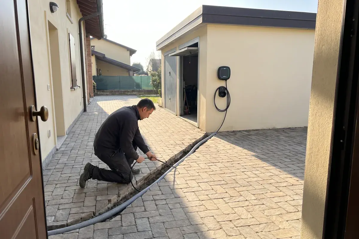 Elettricista che posa il cavo nel cavidotto interrato fra casa e box, dove è già montata una Wallbox Pulsar Max.