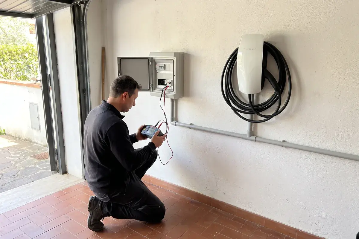 Elettricista che collauda le protezioni della linea dedicata accanto a un Tesla Wall Connector Gen 3 in garage.