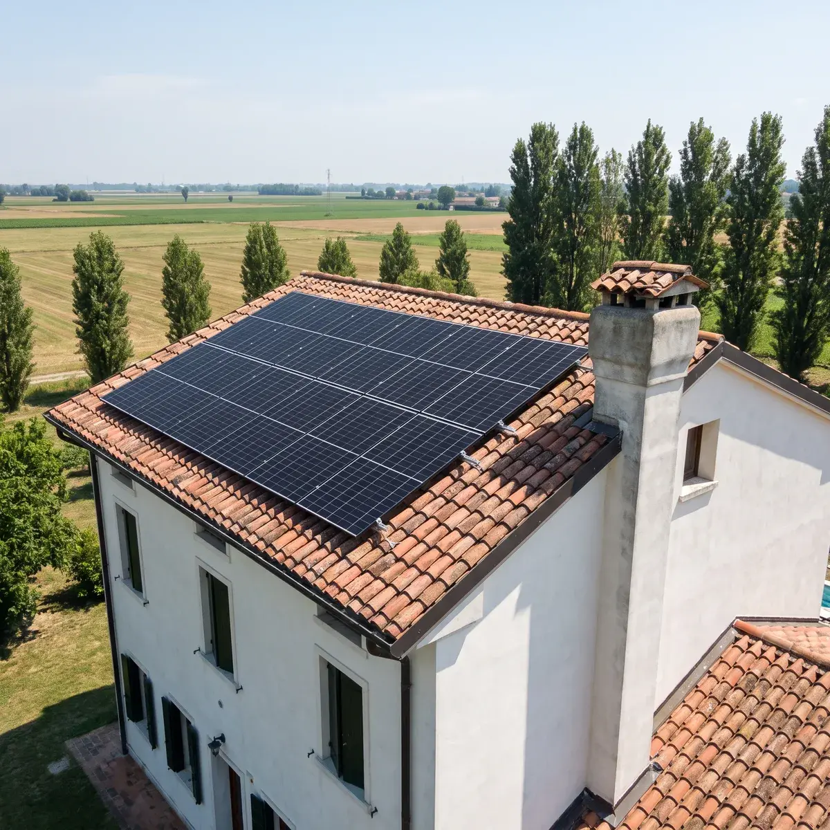 Vista dall'alto di una villa veneta in intonaco bianco con 16 moduli DualSun FLASH sul tetto in coppi, tra i campi della pianura padana.