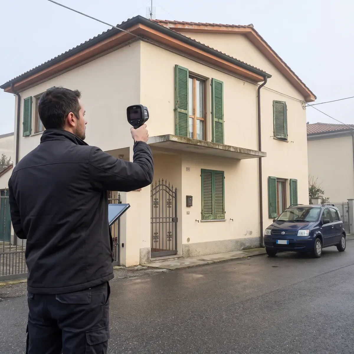 Un certificatore energetico punta una termocamera FLIR verso il balcone di una villetta a due piani con intonaco chiaro, persiane verdi e tetto in coppi, in una mattina d'inverno.