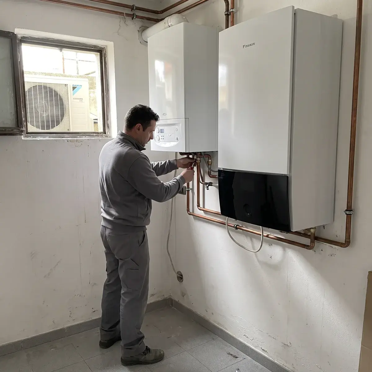 Idraulico che collega l'unità interna Daikin Altherma accanto alla caldaia murale a gas, con l'unità esterna visibile dalla finestra del locale tecnico.