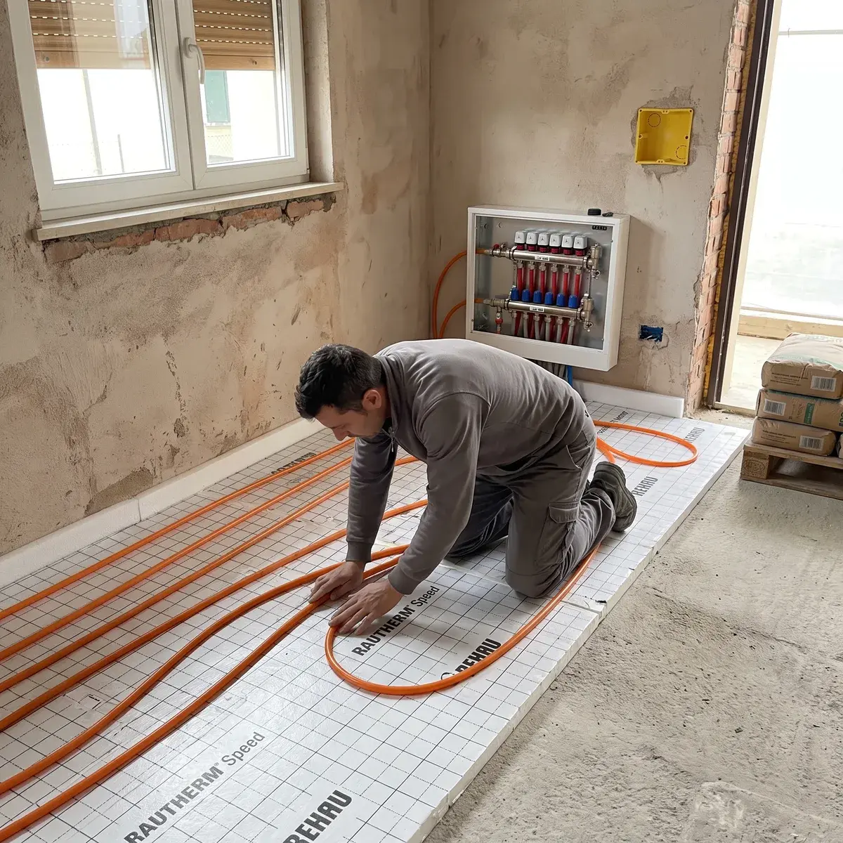 Posatore inginocchiato su pannelli isolanti REHAU Rautherm Speed stesi sul solaio di un appartamento in ristrutturazione, mentre fissa le serpentine di tubo arancione; sul muro il collettore nella sua cassetta aperta e, accanto alla porta, un bancale di sacchi per il massetto.
