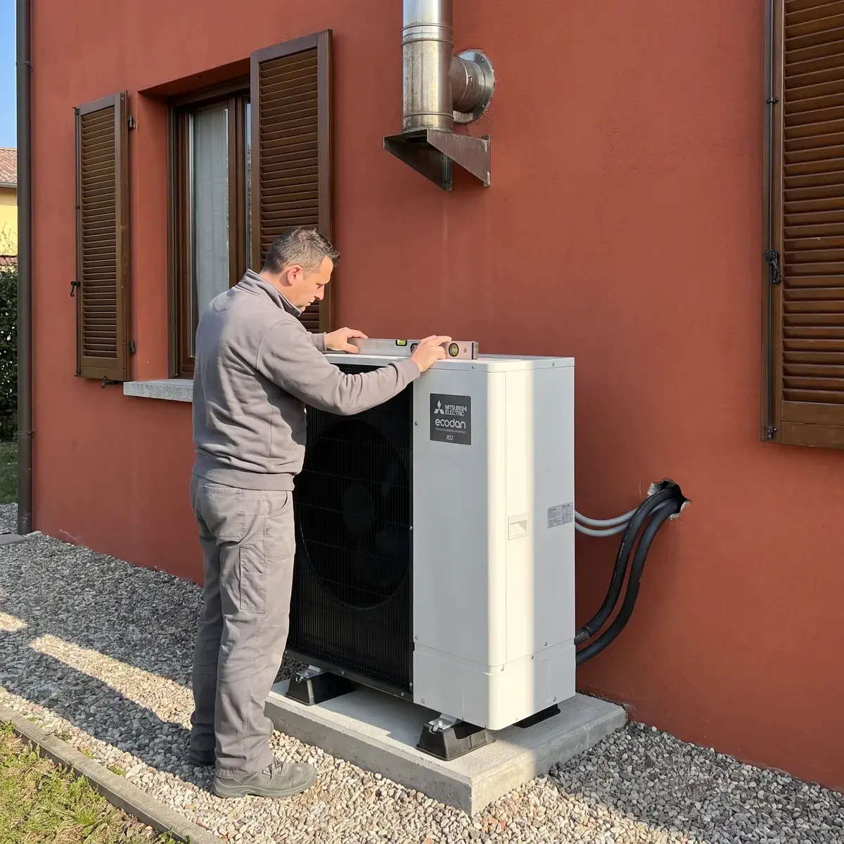 Installatore che mette in bolla un'unità esterna Mitsubishi Ecodan su un basamento in cemento, sul retro di una villetta in intonaco rosso.
