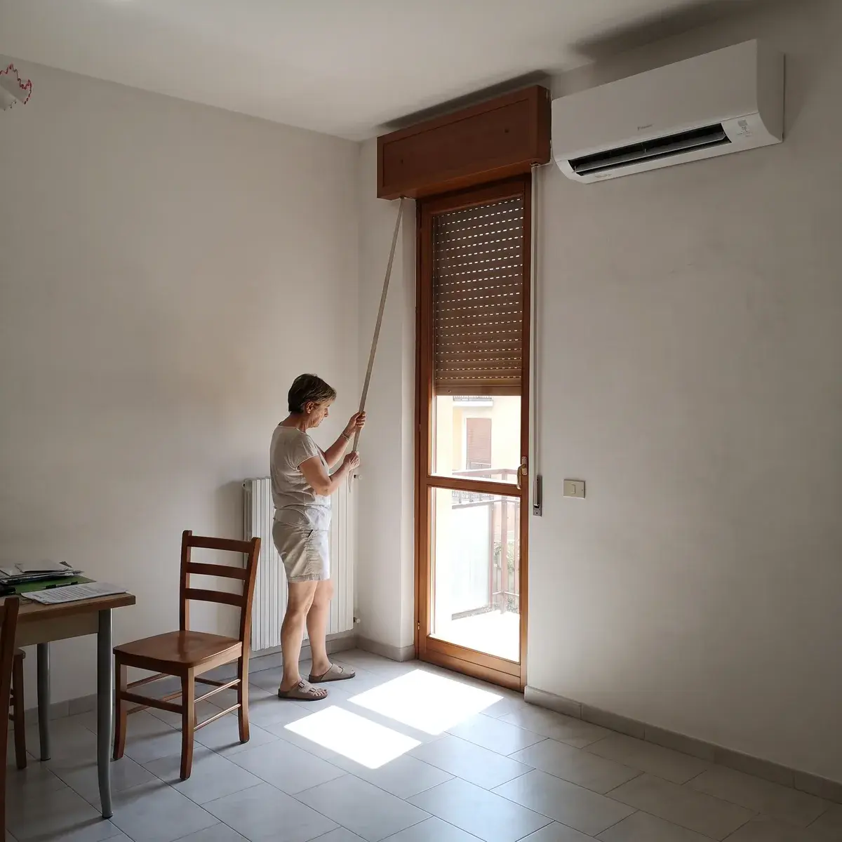 Una persona abbassa a metà la tapparella di una porta-finestra al sole del pomeriggio, accanto all'unità interna di un climatizzatore Daikin Perfera accesa in soggiorno.