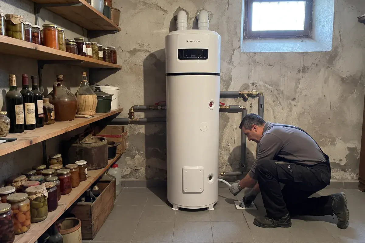 Scaldacqua in pompa di calore Ariston Nuos Plus in una cantina non riscaldata, con lo scarico condensa collegato al pozzetto.