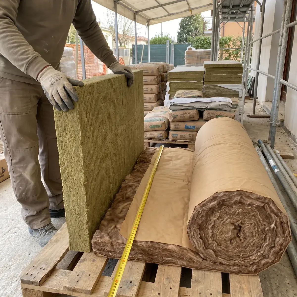 Muratore che regge di taglio un pannello rigido di lana di roccia accanto a un rotolo aperto di lana di vetro Knauf Insulation TI 212 con carta kraft, su un bancale di cantiere.