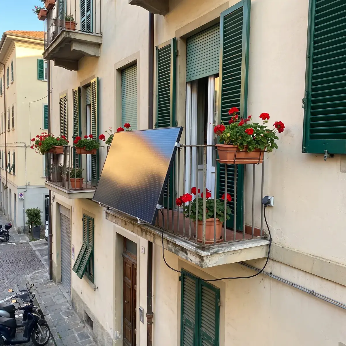 Modulo Enel Sun Plug & Play agganciato alla ringhiera di un balcone di condominio, tra gerani e persiane verdi, collegato a una presa esterna.