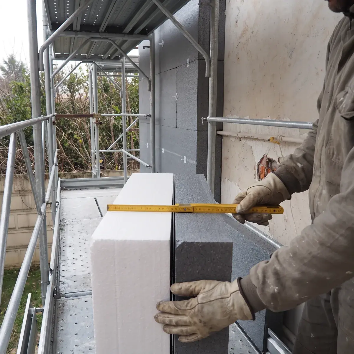 Sul ponteggio di una villetta un operaio con i guanti accosta di taglio un pannello di EPS bianco e uno di EPS grafitato grigio, più sottile, con un metro pieghevole sopra; dietro, pannelli grigi già tassellati e un tratto di muro ancora nudo.