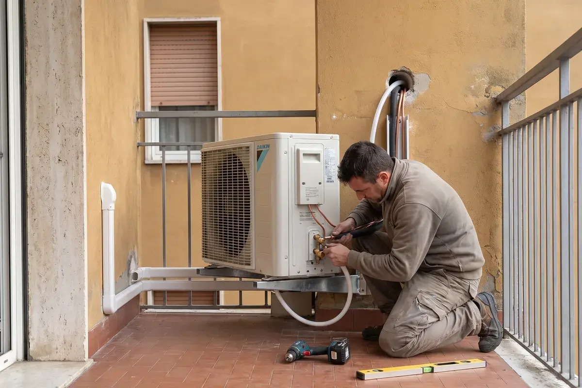 Installatore inginocchiato su un balcone che serra il raccordo della valvola di servizio di un'unità esterna Daikin RXM-A montata su staffe, con le linee nella canalina bianca.