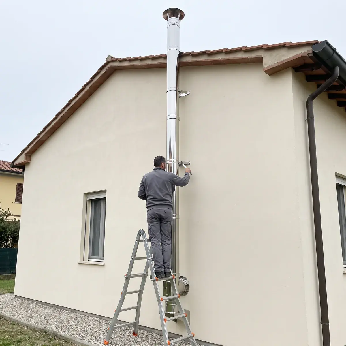 Tecnico su una scala che fissa la staffa di una canna fumaria esterna in acciaio inox a doppia parete Jeremias DW-ECO 2.0 lungo la facciata intonacata di una casa con tetto in coppi; il comignolo esce sopra il colmo.