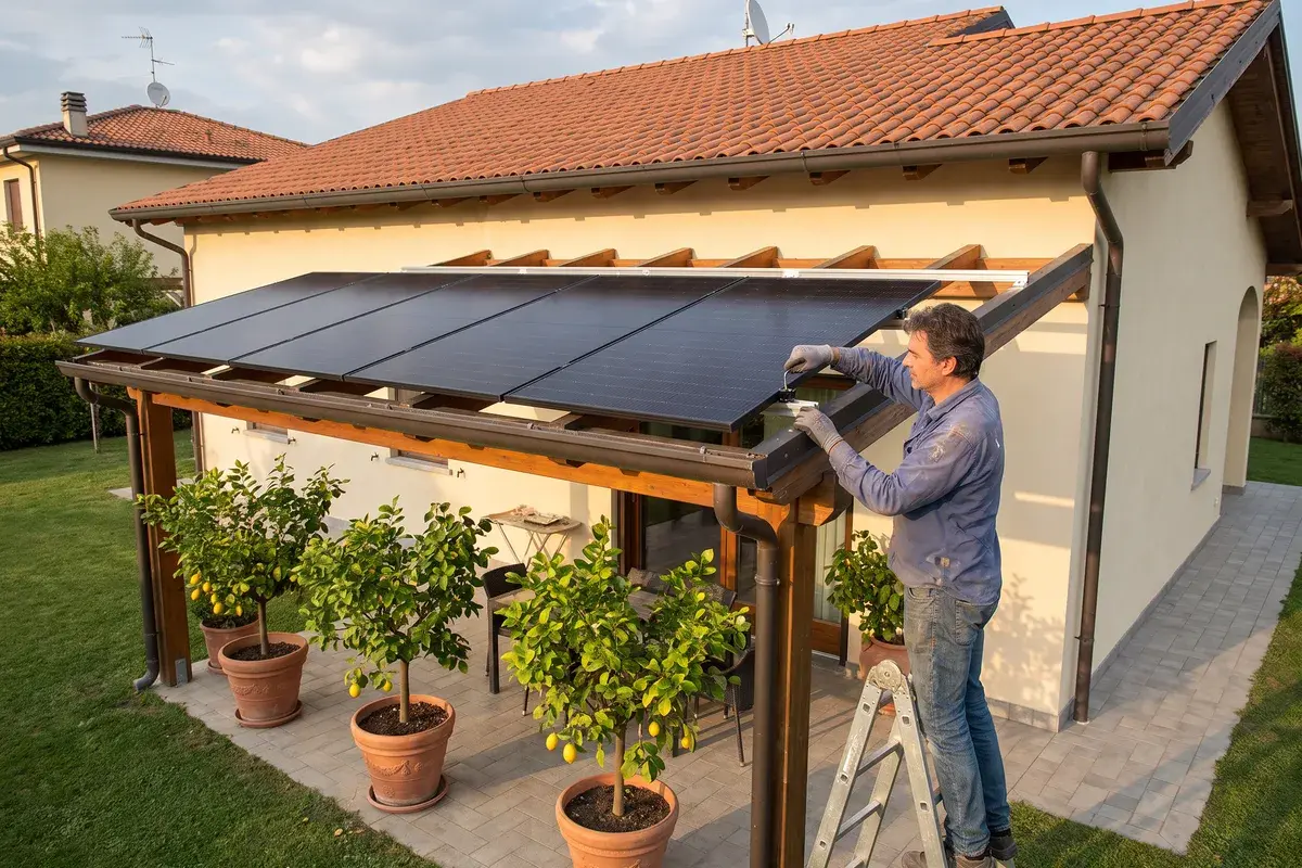 Proprietario che fissa moduli Trina Vertex S+ full black su guide K2 sopra una pergola bassa in giardino.