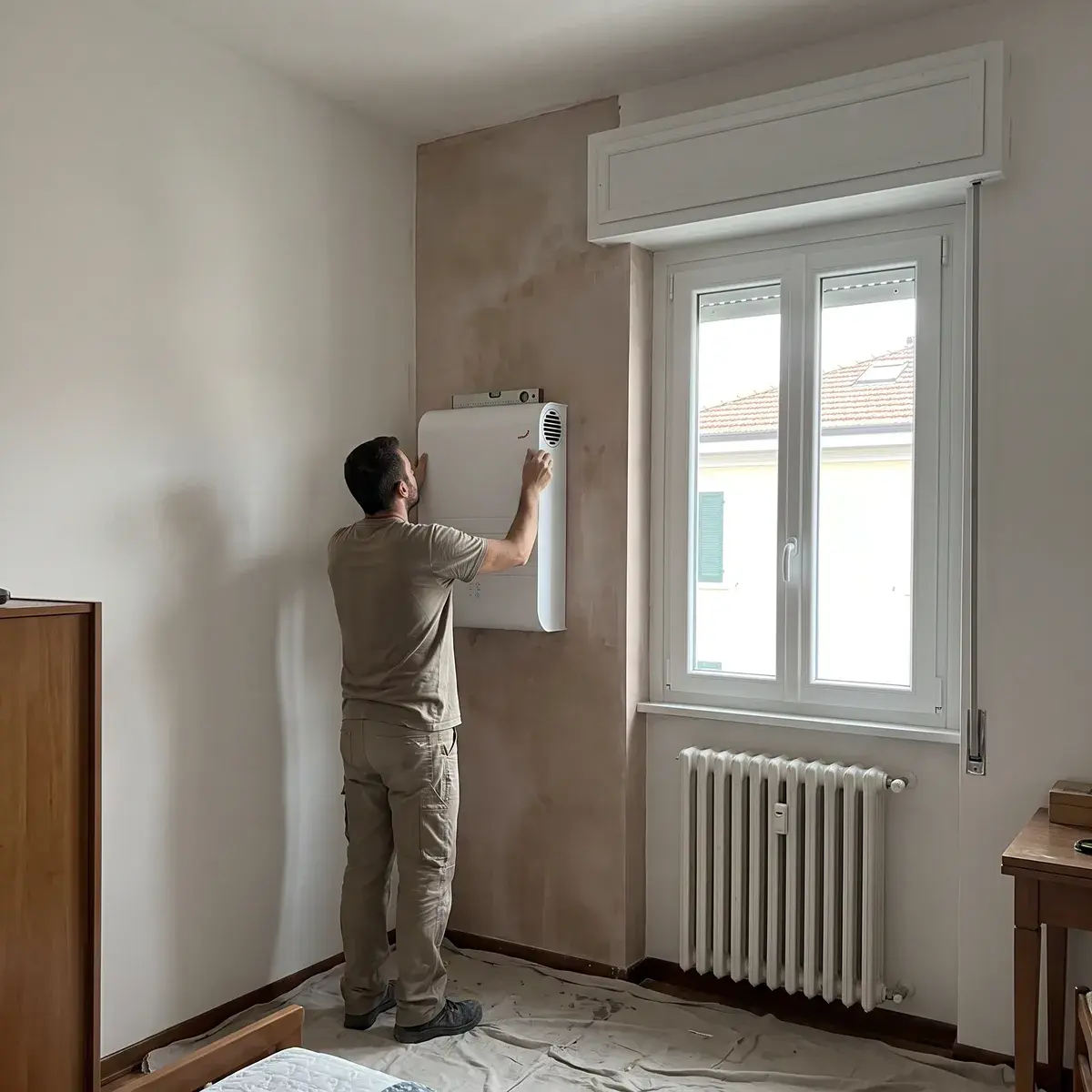 Installatore che controlla con una livella l’allineamento di un’unità di ventilazione puntuale Zehnder ComfoAir 70 appena montata sulla parete esterna di una camera, accanto alla finestra.