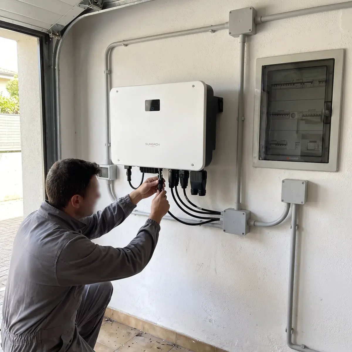 Elettricista che collega i cavi DC sotto un inverter ibrido Sungrow SH6.0RS in un garage, accanto al quadro elettrico.