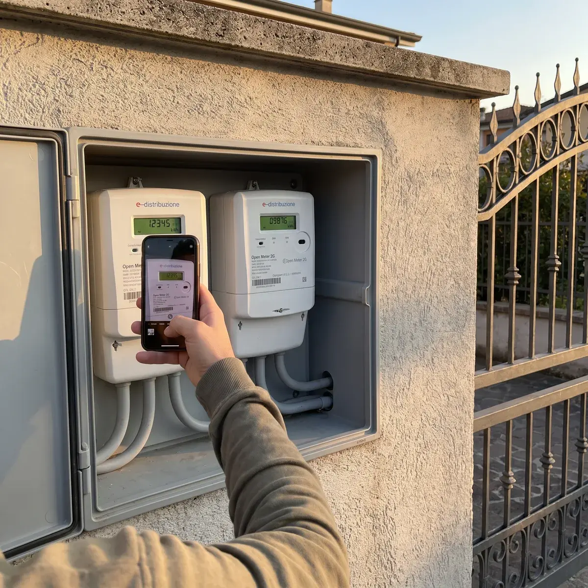 Mano che fotografa con il telefono due contatori e-distribuzione Open Meter 2G, produzione e scambio, nella nicchia del muro di cinta.