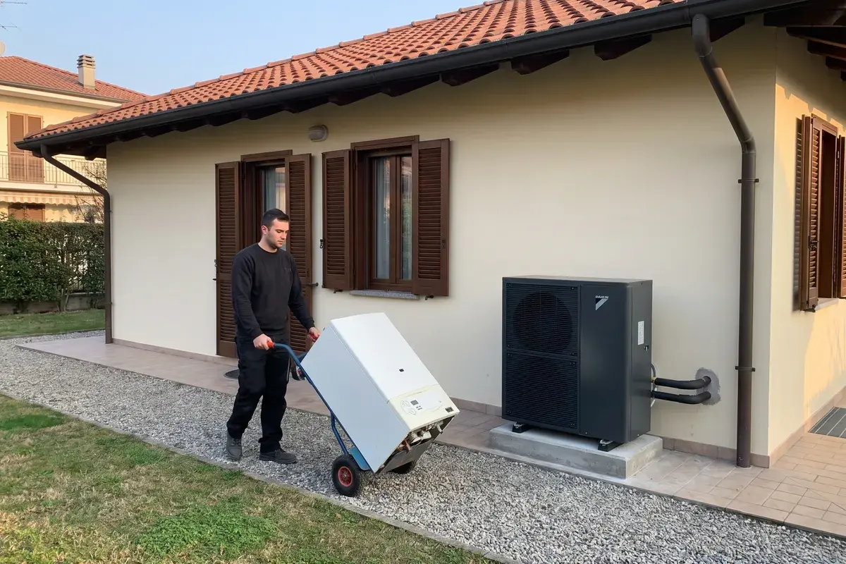 Pompa di calore Daikin Altherma 4 H appena installata accanto a una villetta, mentre la vecchia caldaia a gas viene portata via.