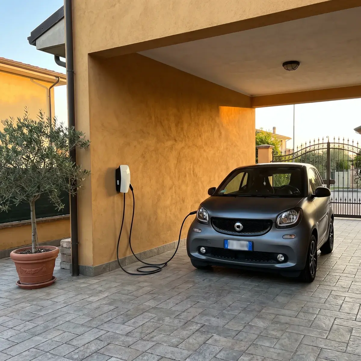 Tesla Wall Connector sotto il portico di una villetta in intonaco ocra, collegato a una piccola auto elettrica nel cortile.