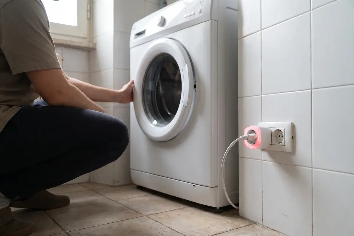 Persona accovacciata che chiude l’oblò di una lavatrice collegata a una presa smart Shelly Plug S Gen3 con l’anello luminoso acceso, in un bagno piastrellato.