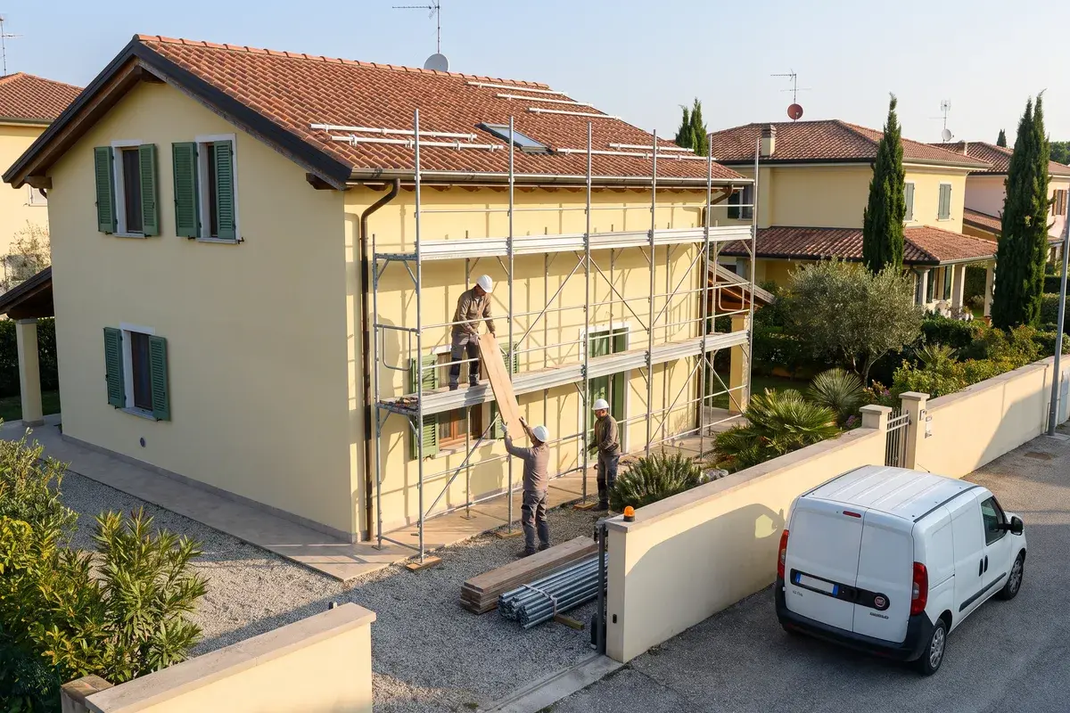 Ponteggio in montaggio sulla facciata di una villetta in intonaco con tetto in coppi, prima della posa dei moduli.