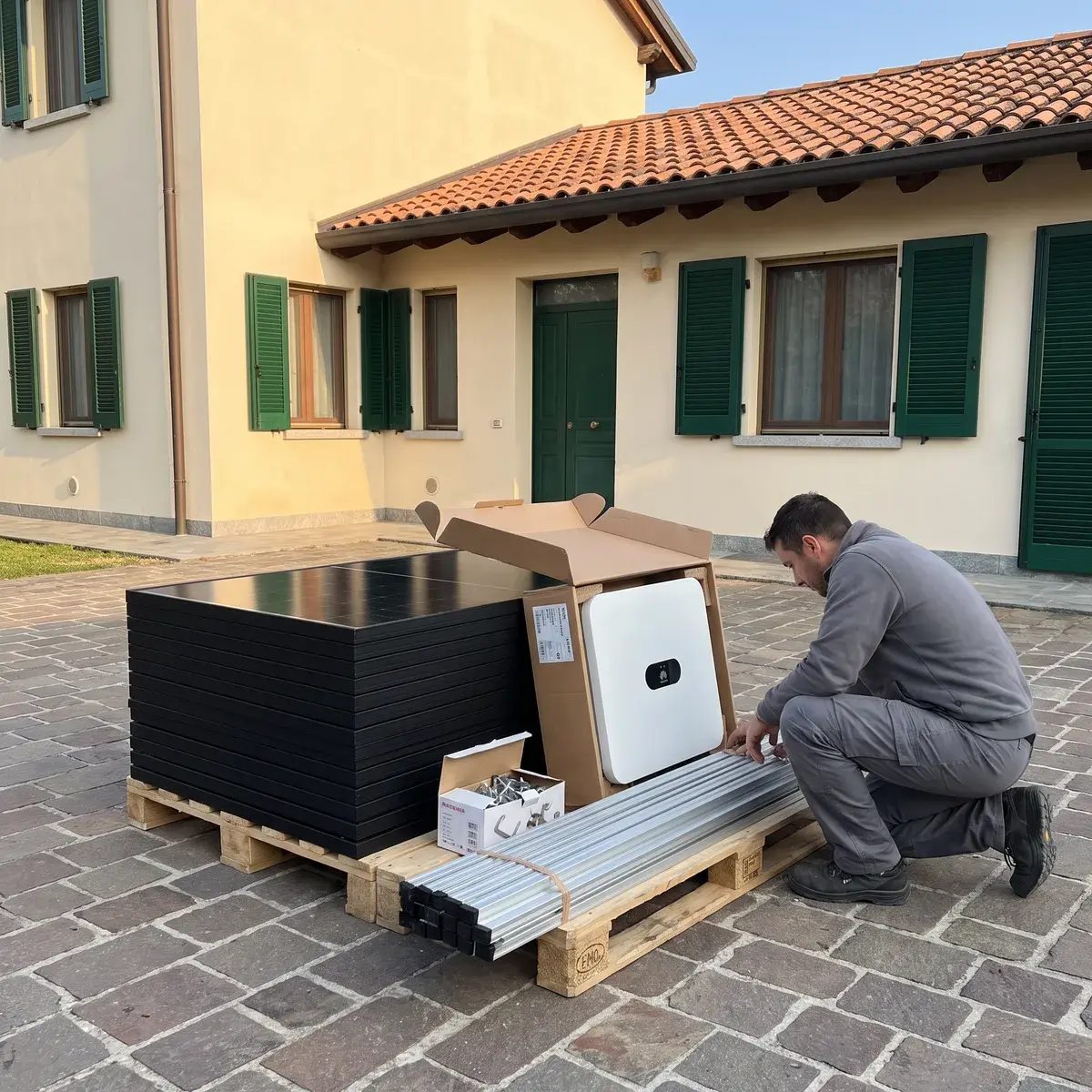 Installatore che controlla la fornitura in cortile: bancale di moduli LONGi Hi-MO X10, inverter Huawei SUN2000 e guide in alluminio.