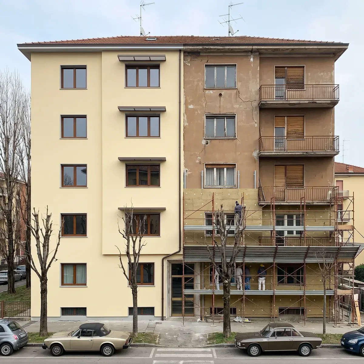 Condominio degli anni Settanta a cinque piani: metà facciata già rifatta con il cappotto e nuove finestre, l'altra metà con l'intonaco vecchio, i primi pannelli isolanti e il ponteggio.