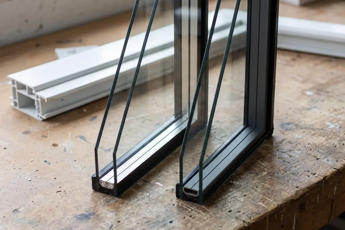 Due campioni d’angolo di vetrocamera doppio su un banco di lavoro, davanti a un profilo in PVC bianco: a sinistra il distanziatore è una barra in alluminio lucido, a destra un distanziatore warm edge grigio scuro opaco.