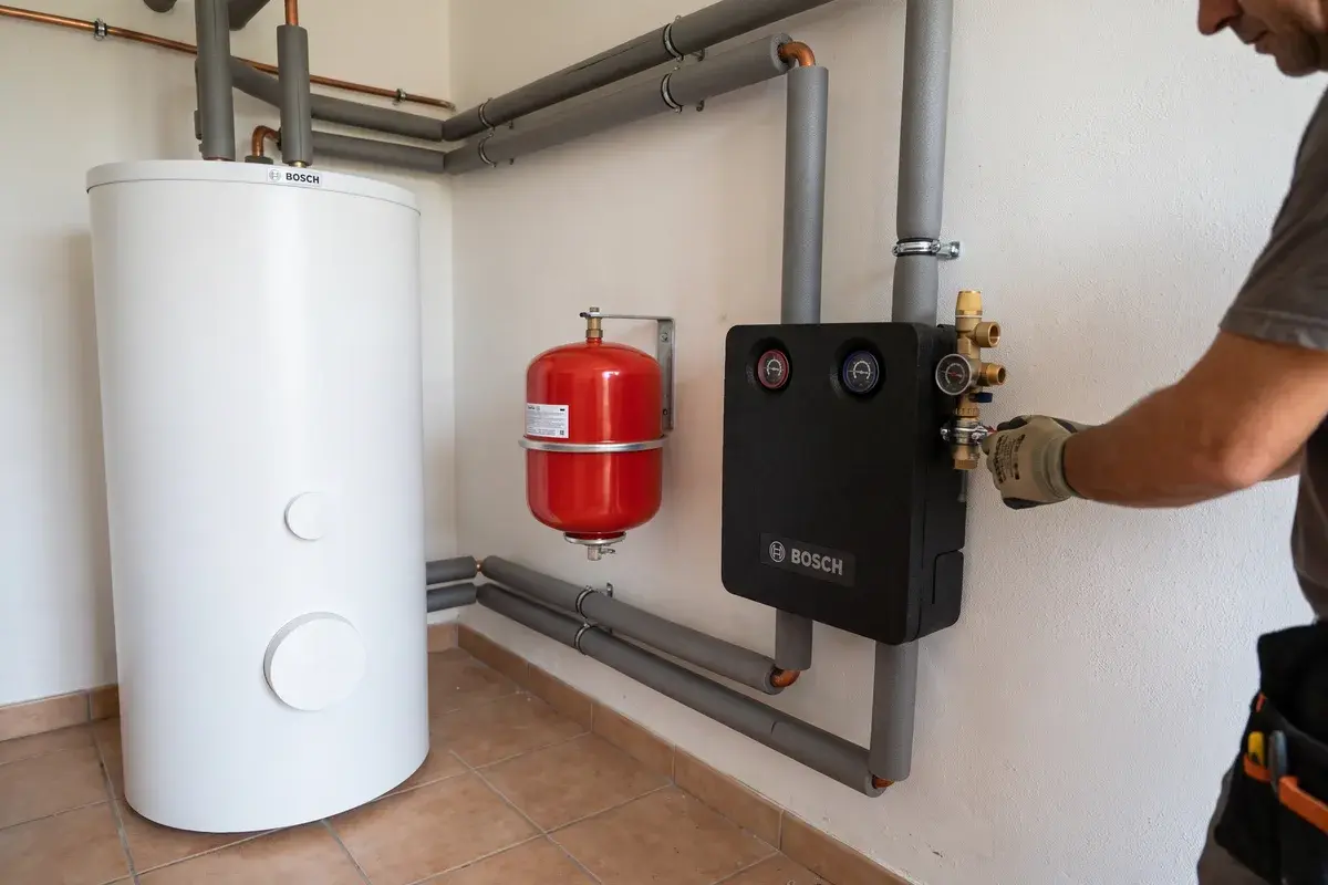 Locale tecnico con un bollitore solare Bosch della serie W ST, il gruppo di circolazione Bosch AGS10 con centralina integrata a parete, un vaso di espansione rosso e le tubazioni isolate in guaina grigia.