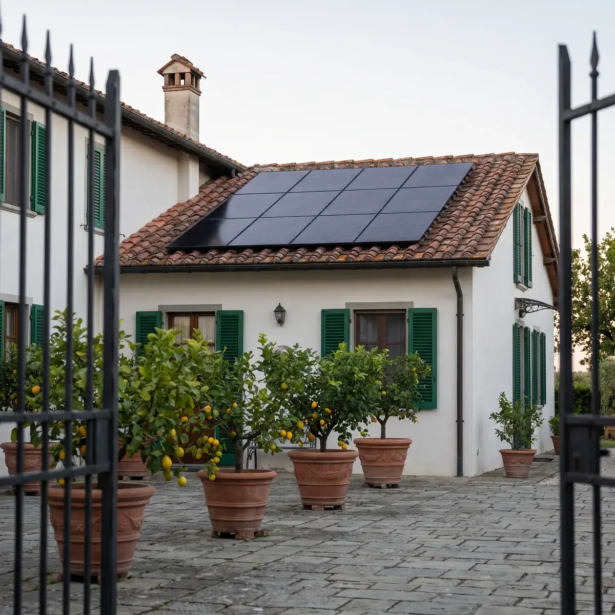 Villa in intonaco bianco con persiane verdi e moduli Trina Vertex S+ full black sul tetto in coppi, vista dal cancello oltre i vasi di limoni.