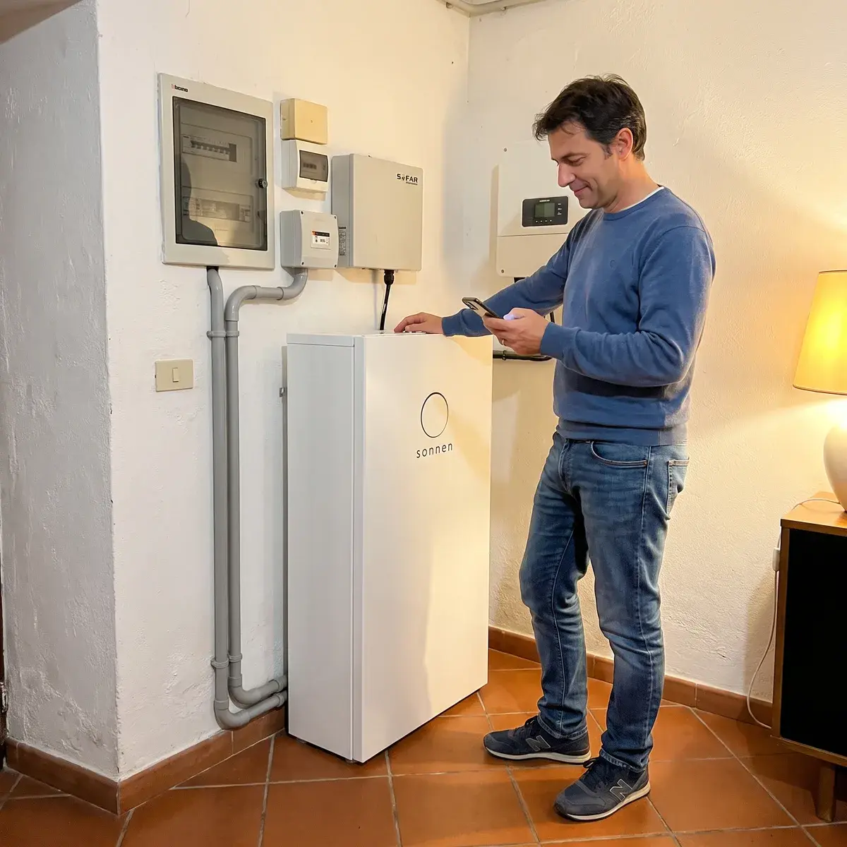 Batteria sonnenBatterie 10 bianca in un locale di casa con pavimento in cotto, accanto al quadro elettrico, mentre il proprietario controlla l'app.