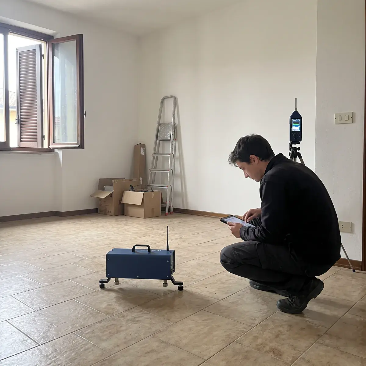 In un appartamento vuoto un tecnico accovacciato con un tablet esegue una prova di calpestio: la macchina a martelli Norsonic Nor277 è sul pavimento in piastrelle e il fonometro Nor150 è su un treppiede vicino al muro.