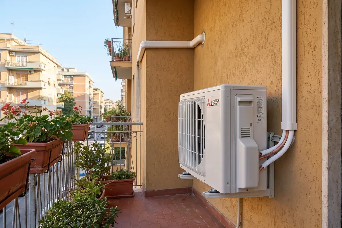 Unità esterna dual split Mitsubishi Electric MXZ-2F42VF3 su staffe a parete nel balcone di un condominio, con due linee frigorifere separate che entrano nel muro in punti diversi.