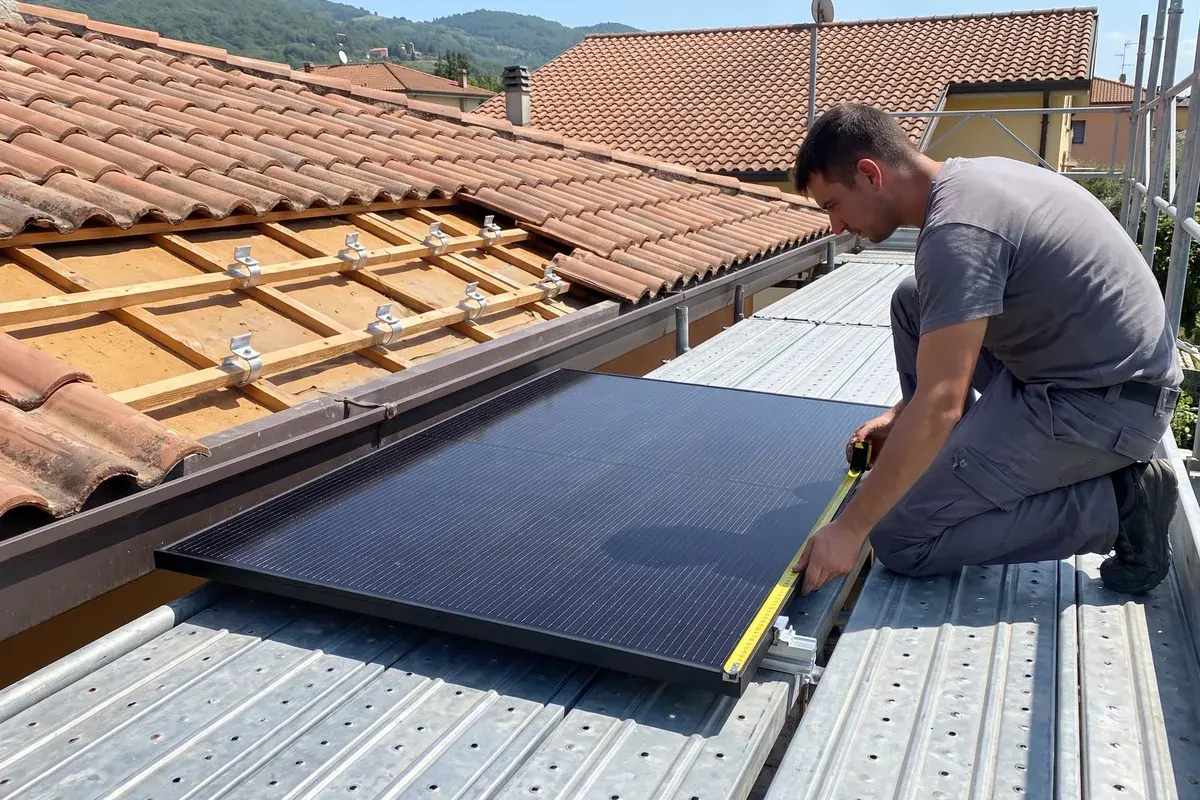 Installatore che misura un modulo Trina Vertex S+ full black sul ponteggio, davanti ai ganci K2 già fissati sulla falda in coppi.