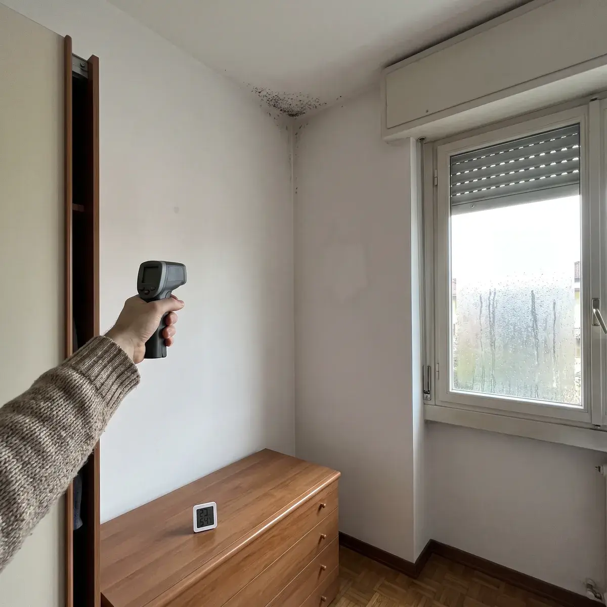 Termometro a infrarossi puntato sulla muffa nell’angolo fra due pareti esterne e il soffitto di una camera, con un igrometro sul cassettone e la condensa sul vetro della finestra.