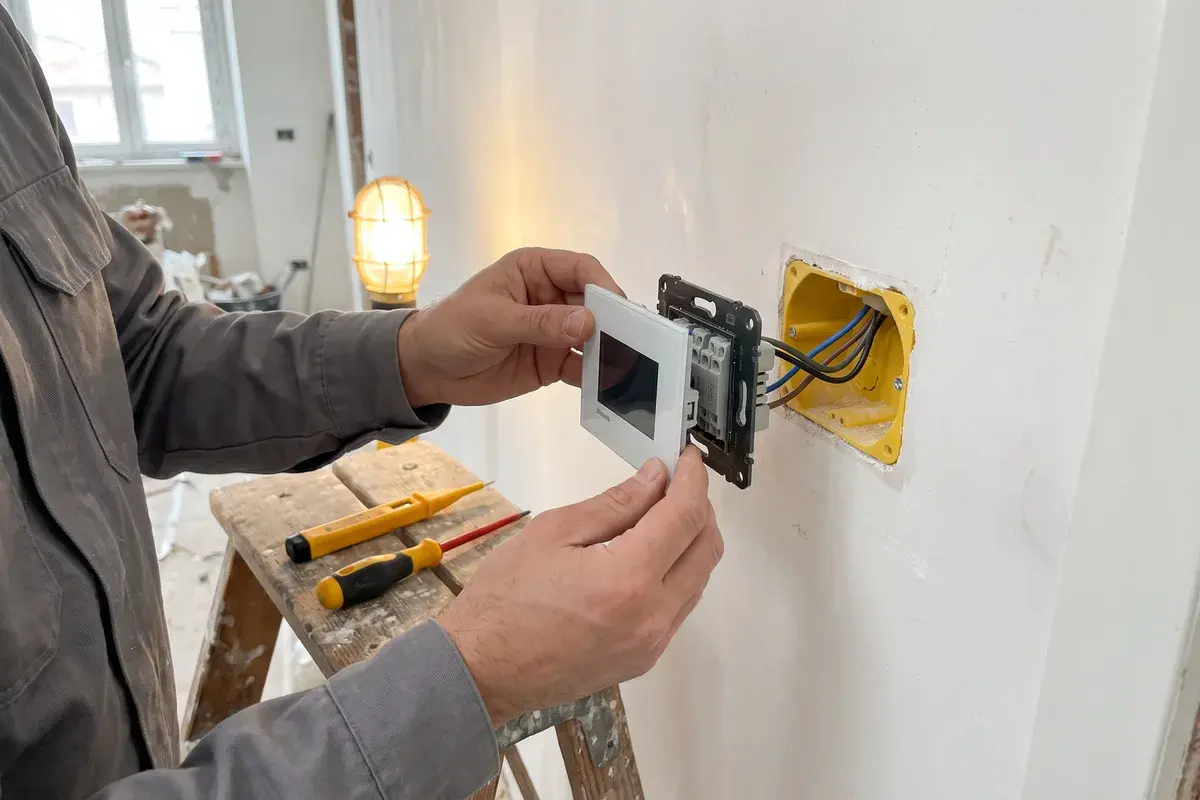 Elettricista che avvicina il termostato BTicino Smarther2 with Netatmo, già collegato alla sua placca di fissaggio, alla scatola da incasso gialla BTicino 503E.