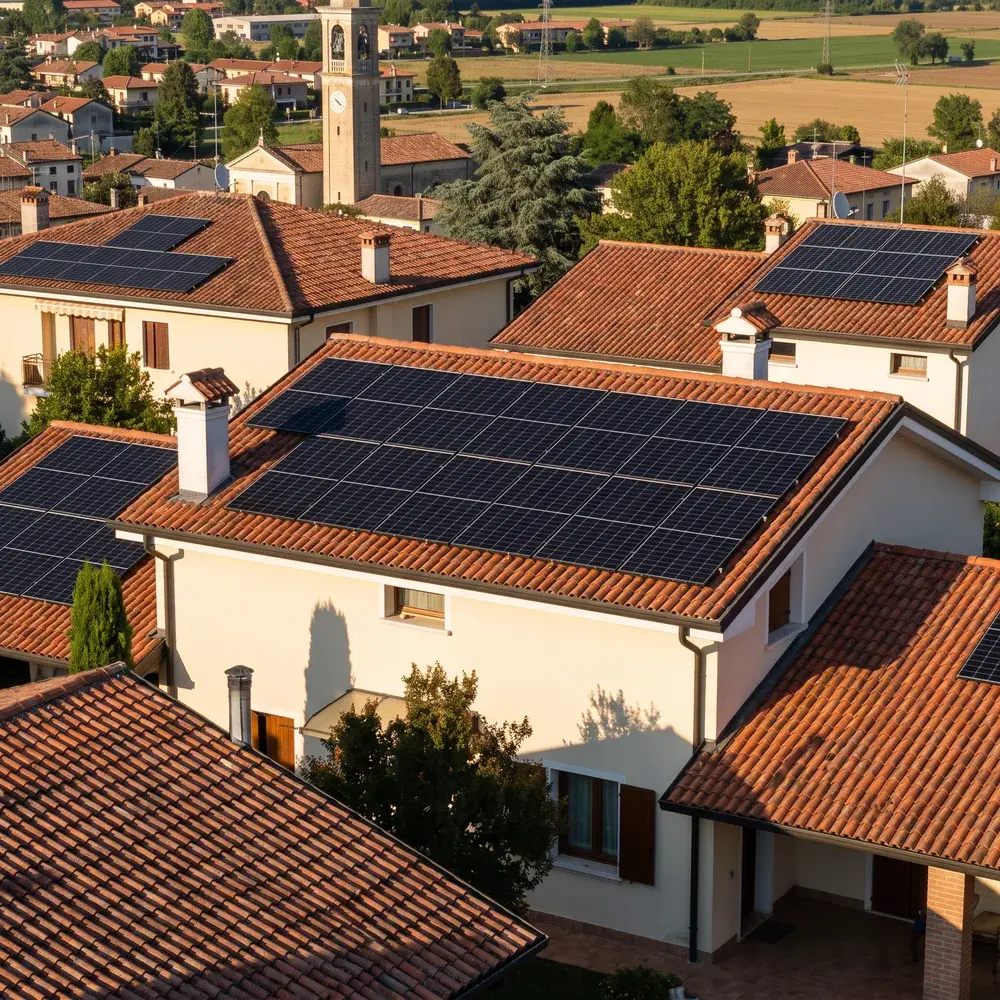 Villette con impianti fotovoltaici sui tetti in coppi di un paese italiano