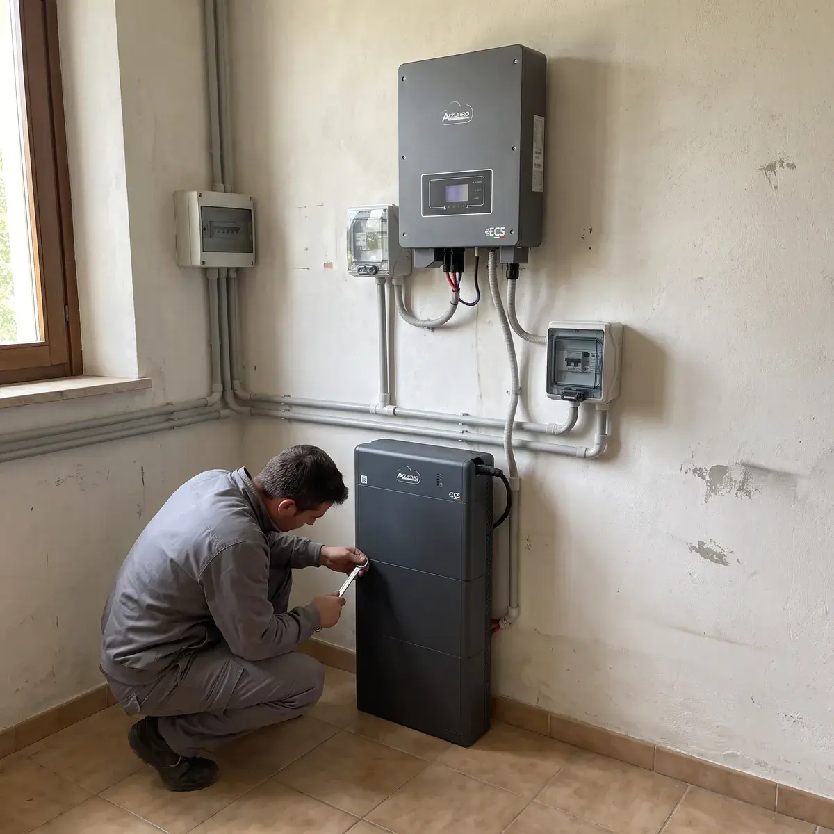 Elettricista che collega una batteria ZCS Azzurro HV ZBT 5K sotto l'inverter ibrido ZCS Azzurro, in un locale con canaline grigie.