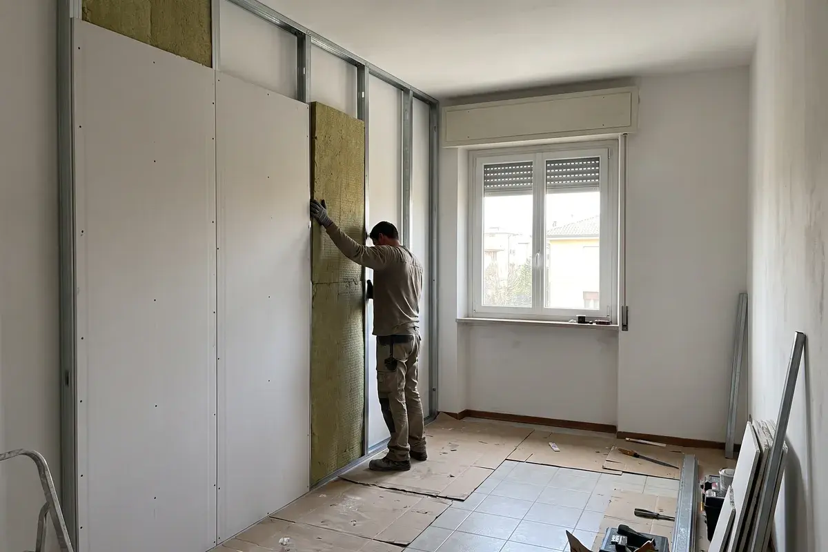 Posatore che inserisce pannelli di lana di roccia fra i montanti metallici di una controparete in un appartamento in ristrutturazione.