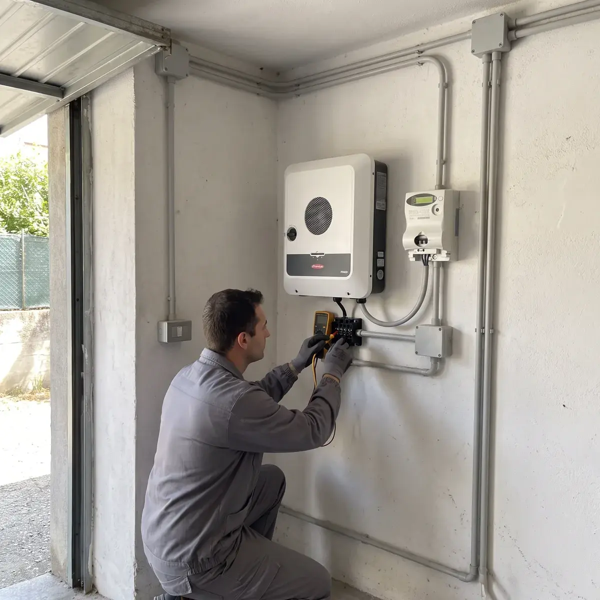 Elettricista che misura con il multimetro sotto un inverter Fronius Primo GEN24 Plus, accanto al contatore elettronico, in un garage.