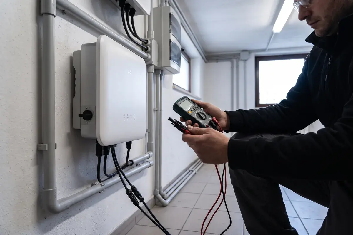 Tecnico che controlla i connettori MC4 sotto un inverter ibrido GoodWe ET G2 con un multimetro.