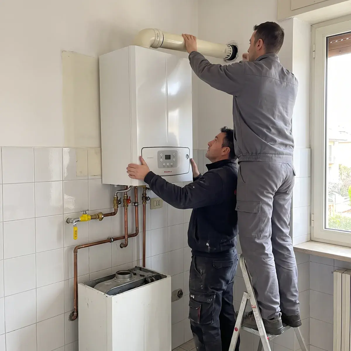 Due tecnici montano una caldaia a condensazione Immergas Victrix Tera V2 nella cucina di un condominio: uno la aggancia alla staffa, l'altro infila nel muro il tubo coassiale dei fumi.